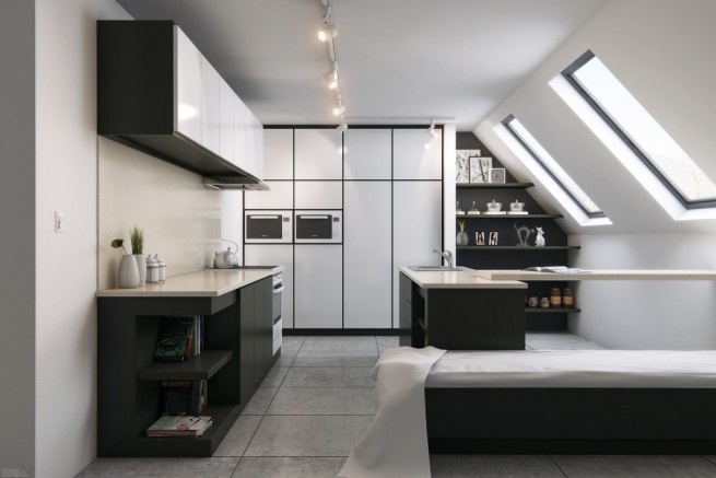 contemporary-black-white-attic-kitchen-design